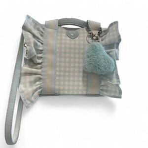 Betsey Johnson Blue & White Checkered Ruffle Bag w Fluffy Heart Keychain Strap